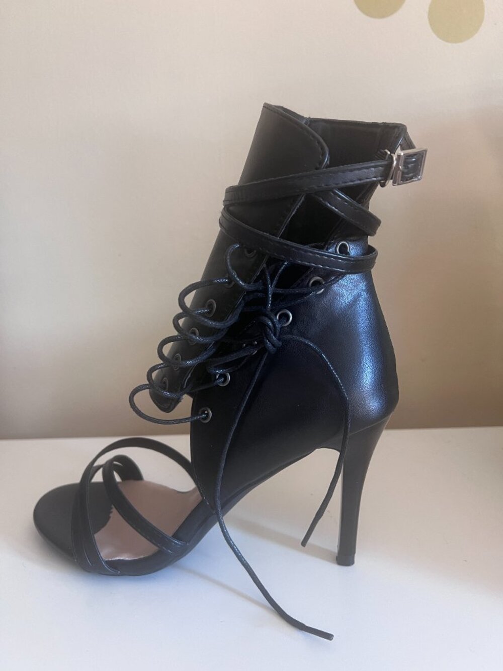 Fierce Strappy Black Leather Look Lace-Up Stilettos - 8.5 - Picture 3 of 10